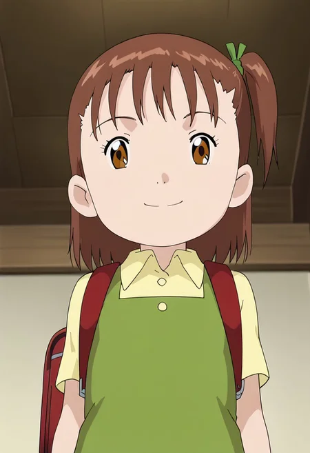 score_9, score_8_up, score_7_up, source_anime, anime screencap, masterpiece, best quality,
(1girl), jerikatou, ((solo, alone)), short petite, small body, flat chest, brown hair, side ponytail, brown eyes, green dress, smile, closed mouth, looking at viewer,
BREAK
(yellow collared shirt, red backpack, upper body) 
BREAK
(standing), indoor, bedroom, (from below, ceiling), during the day.