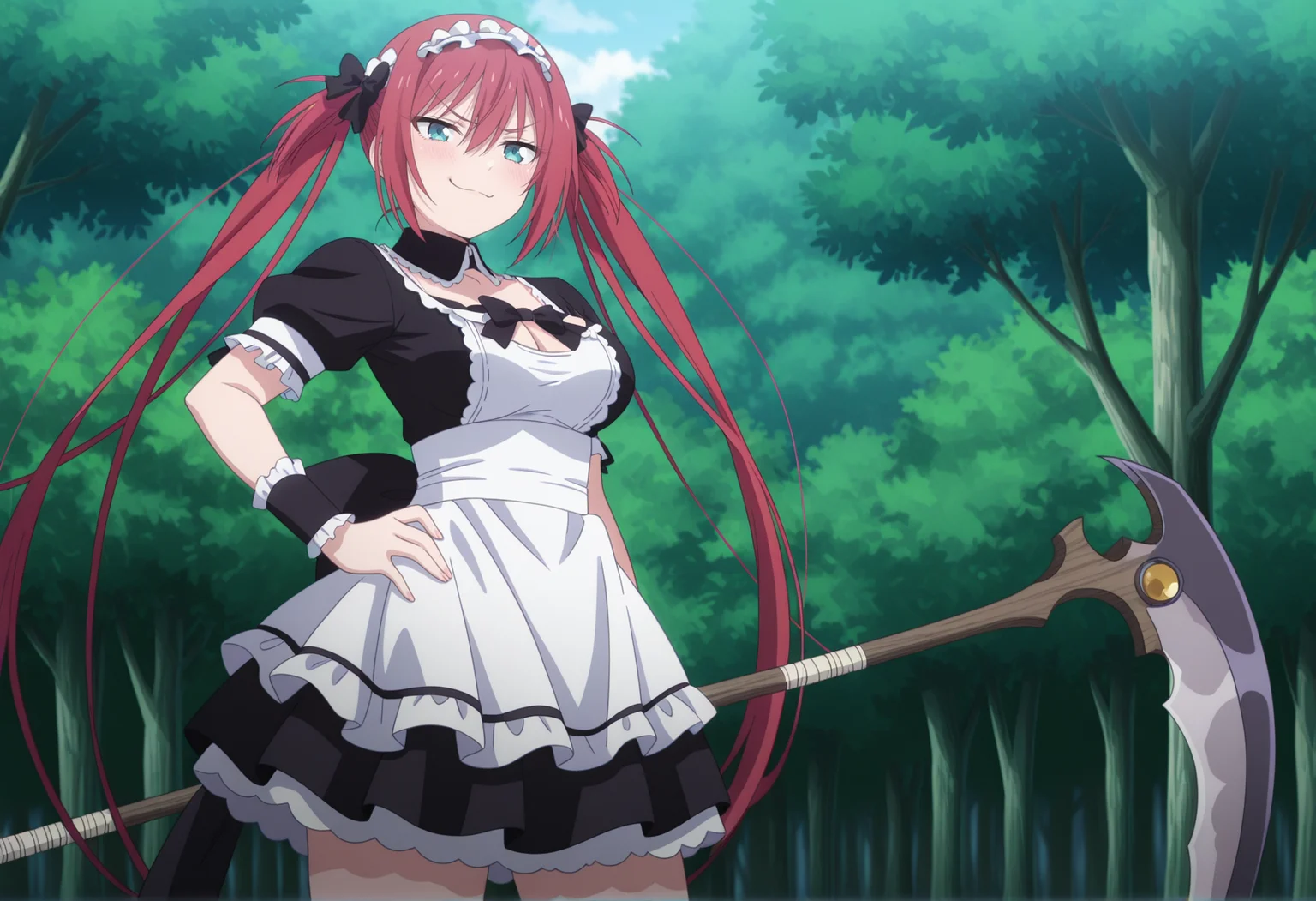 anime screencap, anime coloring, 1girl, red hair, long hair, twintails, aqua eyes, maid, maid headdress, wrist cuffs, detached collar, ribbon, cleavage, apron, maid uniform thighhigs, solo, holding scythe, outdoors, forest, smug  <lora:airi_illus:1>, masterpiece, best quality, amazing quality, very aesthetic, absurdres, highres, newest