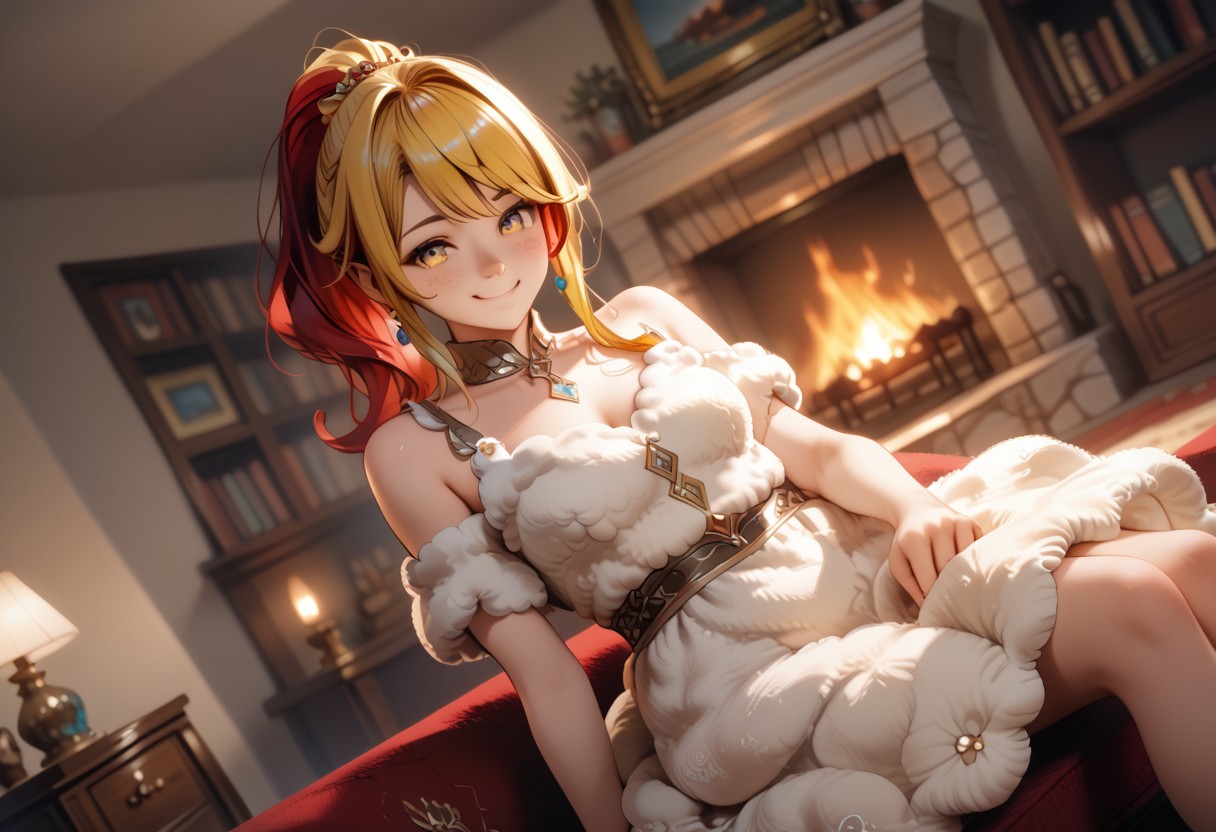 score_7_up,score_8_up,score_9 ((masterpiece,best quality,ultra detailed,highres,HD,4k:1.2) Meatu, High Entia, Straight Hair, Ponytail, Two-toned hair, Red Hair, Yellow Hair, Silver Eyes, Cozy Smile, Sitting, Wool Dress, Living Room with Fireplace, Dutch Angle, Anime