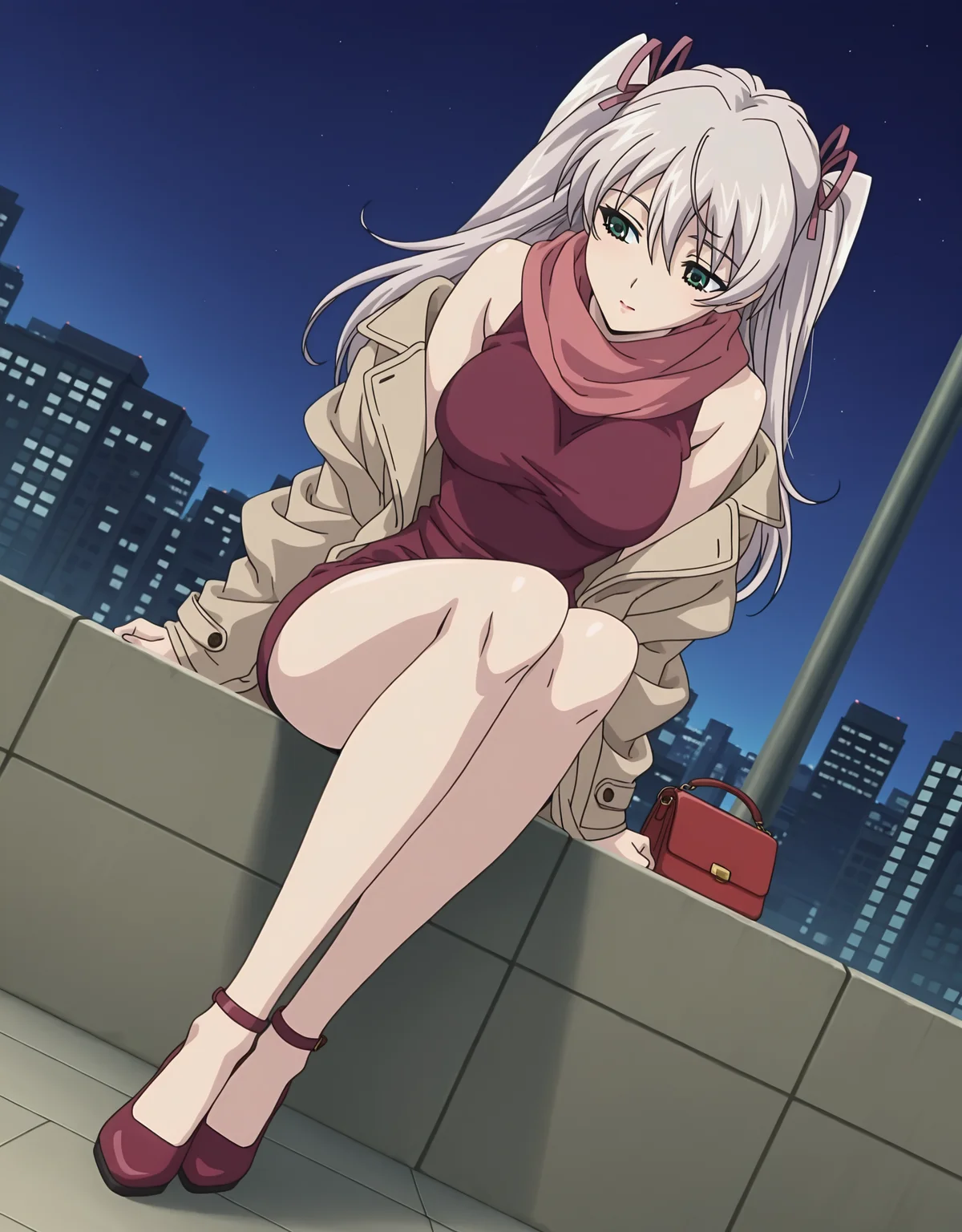 masterpiece,best quality,very aesthetic,zPDXL,2023,anime style,huge filesize,wallpaper,anime screencap,
BREAK <lora:suvia_v5-000018:0.8>,suviav5,1girl,solo,long hair,ribbon,hair ribbon,green eyes,two side up,breasts,twintails,medium breasts,grey hair,17-year-old girl,(a domineering girl:1.3),skinny,standing,dynamic_angle,dynamic_pose,close-up,fullbody,fashion,flat_shoes,contemporary,in spring,city,handbag,(coat:1.2),sleeveless dress,sitting,scarf,cap,makeup,is making up,