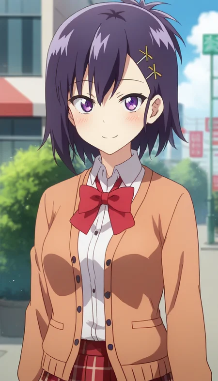 score_9,score_8_up,score_7_up,score_6_up BREAK official art,solo,outdoors,upper body,(portrait:1.5),looking at viewer,facing viewer,smile,blush,Vignette Tsukinose April,short hair,purple hair,topknot,x hair ornament,hairclip,hair between eyes,bangs,purple eyes,orange cardigan,red bowtie,collared shirt,white shirt,medium breasts,red skirt,plaid skirt,pleated skirt,black socks,uwabaki,<lora:Vignette Tsukinose April(gd)-Pony:1.4>,