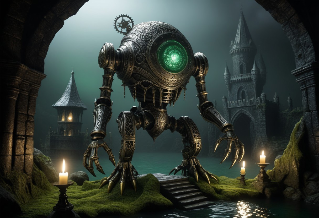 giant bipedal robot pewter silver and grey green stripes and bronze gold paisley robot. lacy robot cube squid head. outside of a steampunk keep. large detailed torso. dark image. one forty foot tall ancient robot with great arms and two heavy spring legs. dark foggy night background. $dark foggy night image only. dark photo realistic image. steampunk details. cogs, chains and pipes incorporated in the fantasy buildings. magic wizards tower in background. Dark swamp, moss, castle ruins, wizards tower. stormy dark night. small flaming machines. scorpion