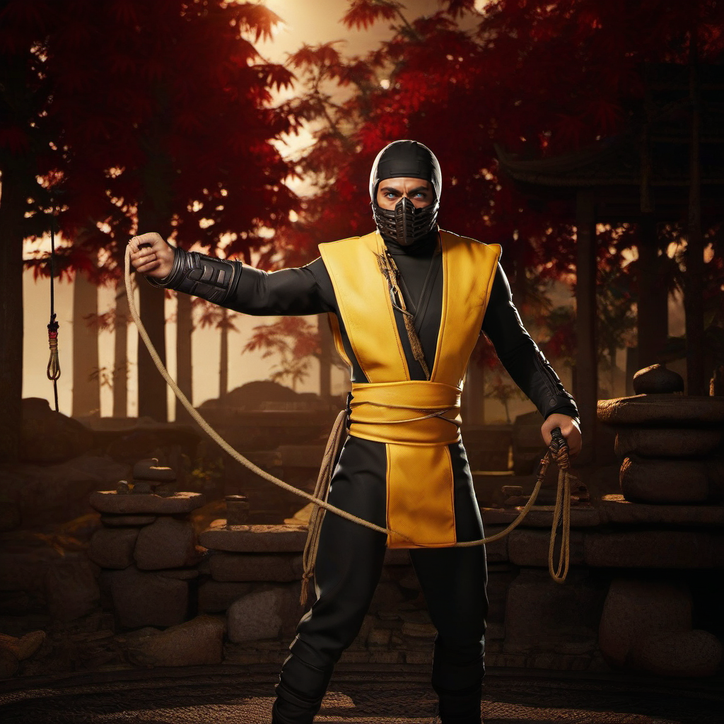 cinematic photo a full body ninja 1boy with a mask, white eyes, holds a blade attached to a rope, standing a a chinese temple in ruins  <lora:Scorpion1995-1024:0.8> . 35mm photograph, film, bokeh, professional, 4k, highly detailed