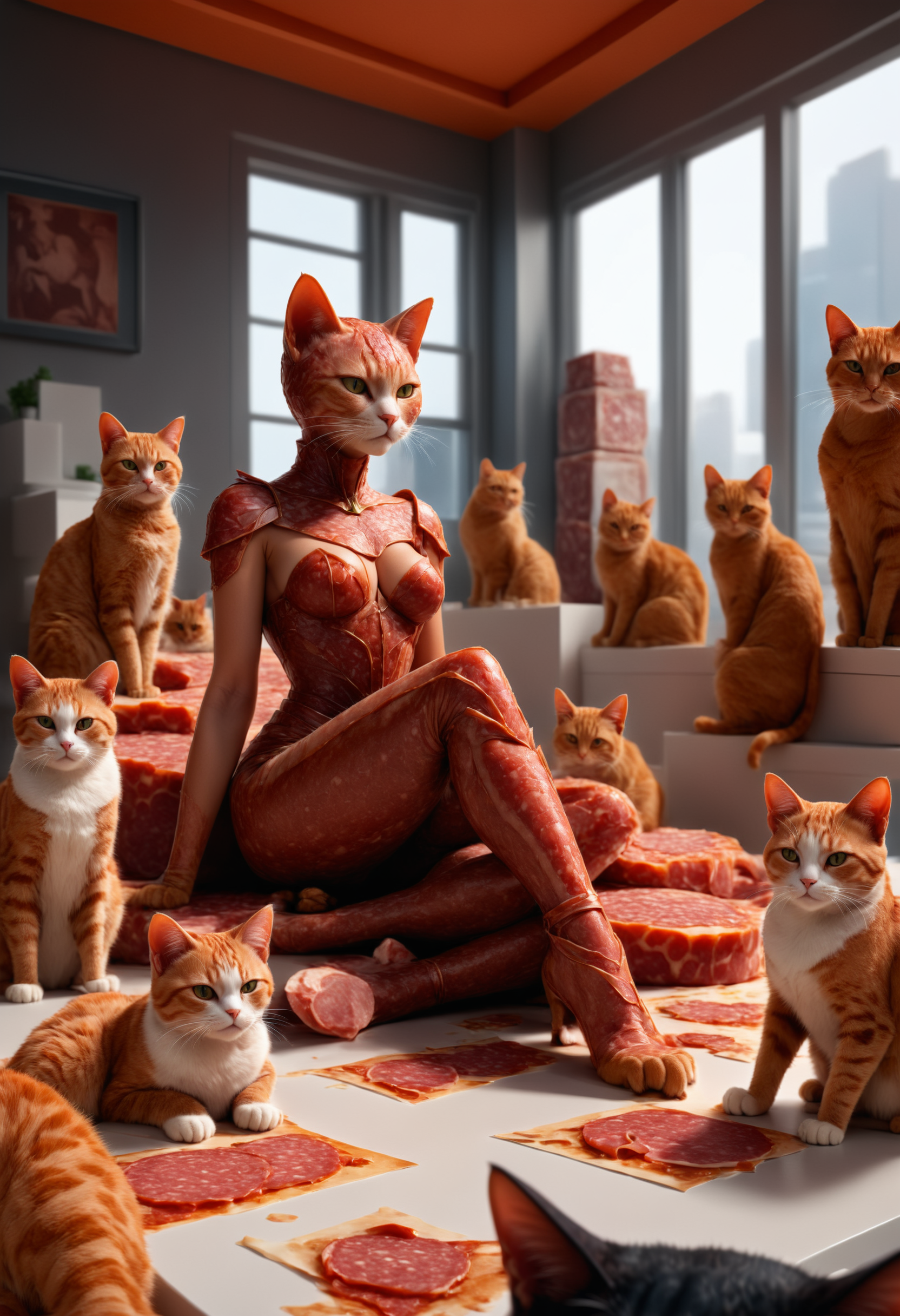catwoman dvr-slm by beeple and greg rutkowski and alphonse mucha, d & d character, in front of a modern room background full of diverse resting cats, highly detailed portrait, digital painting, artstation, concept art, smooth, sharp focus illustration
<lora:dvr-slm:1>