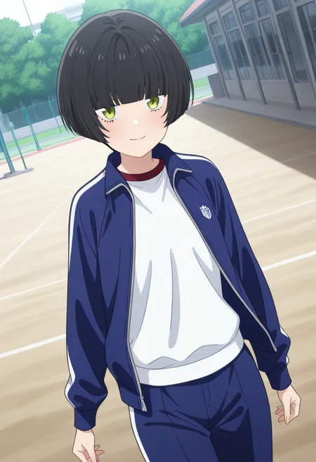 masterpiece,best quality,absurdres,perfect lighting,outdoors,school,day,
*//*,<lora:HealerGirl_ShinobuHonosaka-Illustrious:1>,shinobu_honosaka,1girl,solo,black hair,short hair,bob cut,green eyes,track suit,track jacket,track pants,zipper,long sleeves,gym uniform,open clothes,
*//*,looking at viewer,cowboy shot,dutch angle,dynamic pose,light smile,
