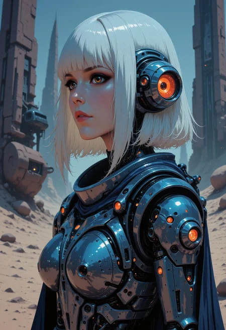 in the style of ck-ncr, in the style of ckcc, female sci-fi android warrior, straight-cut bob, detailed white ceramic robot face, dark eyeshadow, red lips, robot joints and cables, dark blue reflective armour, dark background, bokeh, side view insanely detailed, masterpiece, best quality, 8k, ultra high res, High contrast and low saturation, Create an anime-style illustration of a android girl in a desert in a temple ruin, delicately battle-ready stance, holding sword, gazing with a forlorn expression. The girl, with endearing features and a less sleek appearance, exudes a sense of melancholy. Capture the atmosphere of desolation intensified by the rain, while the lone flower symbolizes hope or reflection, adding a touch of warmth and approachability to the character. by BoochaN