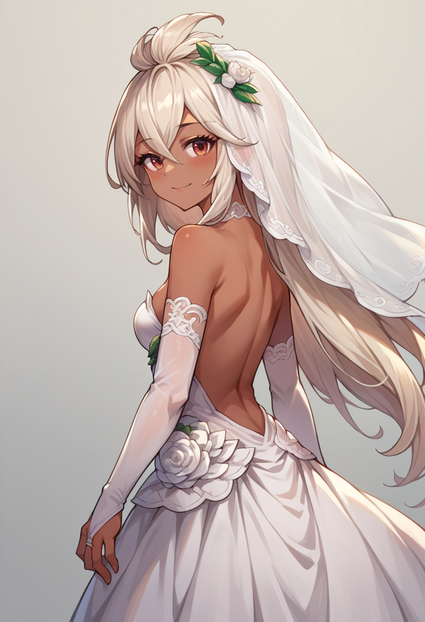 score_9, score_8_up, source_anime, 1girl, solo, Zooey, dark skin, long hair, ahoge, backless dress, bridal gauntlets, bridal veil, eyelashes, from side, looking at viewer, strapless dress, wedding dress, white dress, simple background, smile, blush, <lora:ChamZooeyGBPonyXL:1>