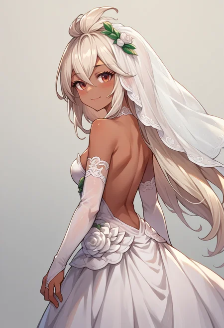 score_9, score_8_up, source_anime, 1girl, solo, Zooey, dark skin, long hair, ahoge, backless dress, bridal gauntlets, bridal veil, eyelashes, from side, looking at viewer, strapless dress, wedding dress, white dress, simple background, smile, blush, <lora:ChamZooeyGBPonyXL:1>