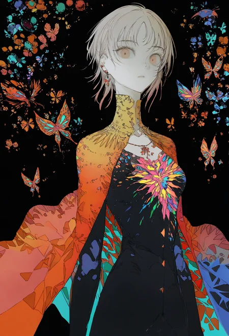 solo, bug, butterfly, 1girl, short hair, earrings, jewelry, colorful, looking at viewer, black background, cape, upper body
, ,,,, masterpiece,best quality,very aesthetic,absurdres
<lora:monfornoob:0.95>