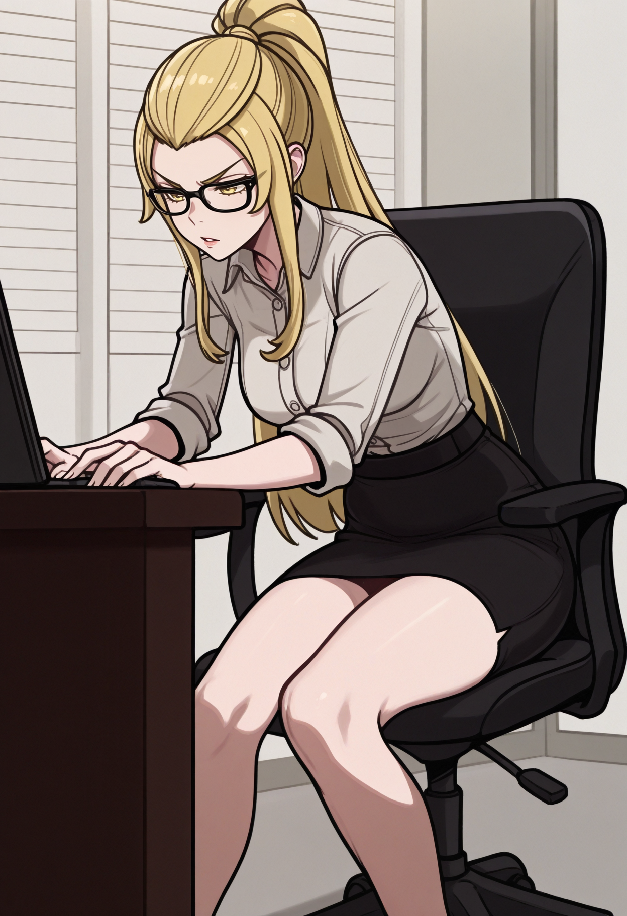 masterpiece, best quality, 1girl, parted lips, v-shaped eyebrows, hunched over, <lora:JadeFE-illu:1> csJade, blonde hair, long hair, high ponytail, sidelocks, yellow eyes, dress shirt, sleeves rolled up, glasses, black-framed eyewear, sitting, black skirt, pencil skirt, bare legs, office chair, typing