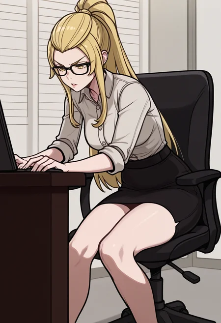 masterpiece, best quality, 1girl, parted lips, v-shaped eyebrows, hunched over, <lora:JadeFE-illu:1> csJade, blonde hair, long hair, high ponytail, sidelocks, yellow eyes, dress shirt, sleeves rolled up, glasses, black-framed eyewear, sitting, black skirt, pencil skirt, bare legs, office chair, typing