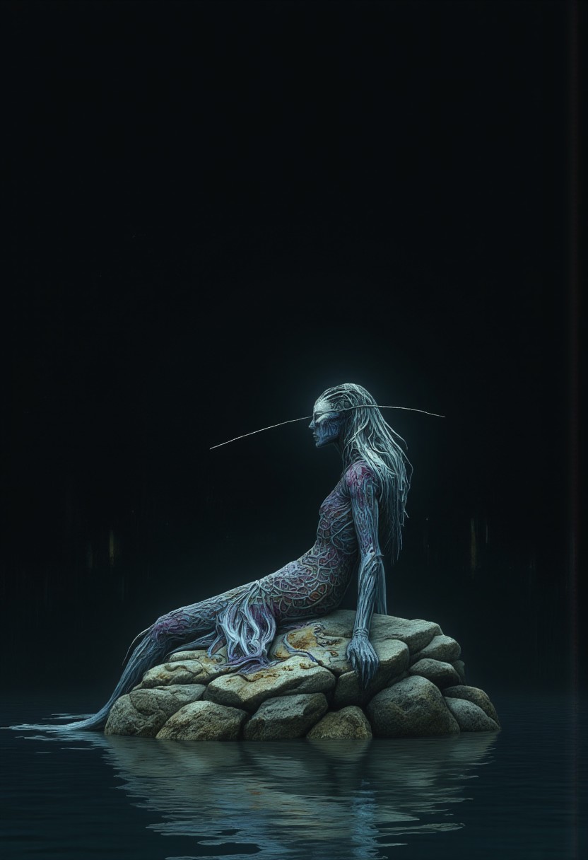 A blind oracle mermaid resting on crystal-encrusted rocks by the shore. Her scales shift colors with each prophecy she speaks, and ancient runes float in the water around her. Her white eyes reflect visions of possible futures
Set against a solid dark black color background to emphasize its unsettling unnatural form that emphasizes its silhouette. The medium is not a traditional painting or illustrative medium like watercolor or ink but rather a digital 3D rendering.
MikeFranchinastyle, d4artstyle, d4concept, , bbstyle,, horror theme,, zbrush, ZBClay model of a gray sculpture, 1990's, 1990's style