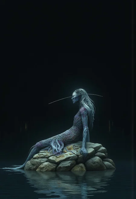 A blind oracle mermaid resting on crystal-encrusted rocks by the shore. Her scales shift colors with each prophecy she speaks, and ancient runes float in the water around her. Her white eyes reflect visions of possible futures
Set against a solid dark black color background to emphasize its unsettling unnatural form that emphasizes its silhouette. The medium is not a traditional painting or illustrative medium like watercolor or ink but rather a digital 3D rendering.
MikeFranchinastyle, d4artstyle, d4concept, , bbstyle,, horror theme,, zbrush, ZBClay model of a gray sculpture, 1990's, 1990's style