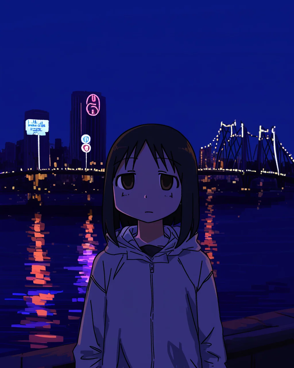 best quality, very aesthetic, very awa, simple background, outdoors, osaka \(city\), channel, river, bridge, night, neon, signs, building, BREAK
1girl, kasuga ayumu, azumanga daioh, upper body, standing, looking at viewer, half-closed eyes, <lora:prasetyoadii22:1>