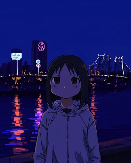 best quality, very aesthetic, very awa, simple background, outdoors, osaka \(city\), channel, river, bridge, night, neon, signs, building, BREAK
1girl, kasuga ayumu, azumanga daioh, upper body, standing, looking at viewer, half-closed eyes, <lora:prasetyoadii22:1>