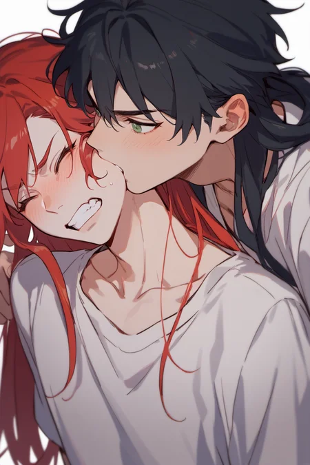 score_9, score_8_up, score_7_up,
cheek_bite, 1girl, long hair, blush, black hair, 1boy, green eyes, closed eyes, hetero, red hair, teeth, clenched teeth, simple background
<lora:CheekBite_Pony:1>