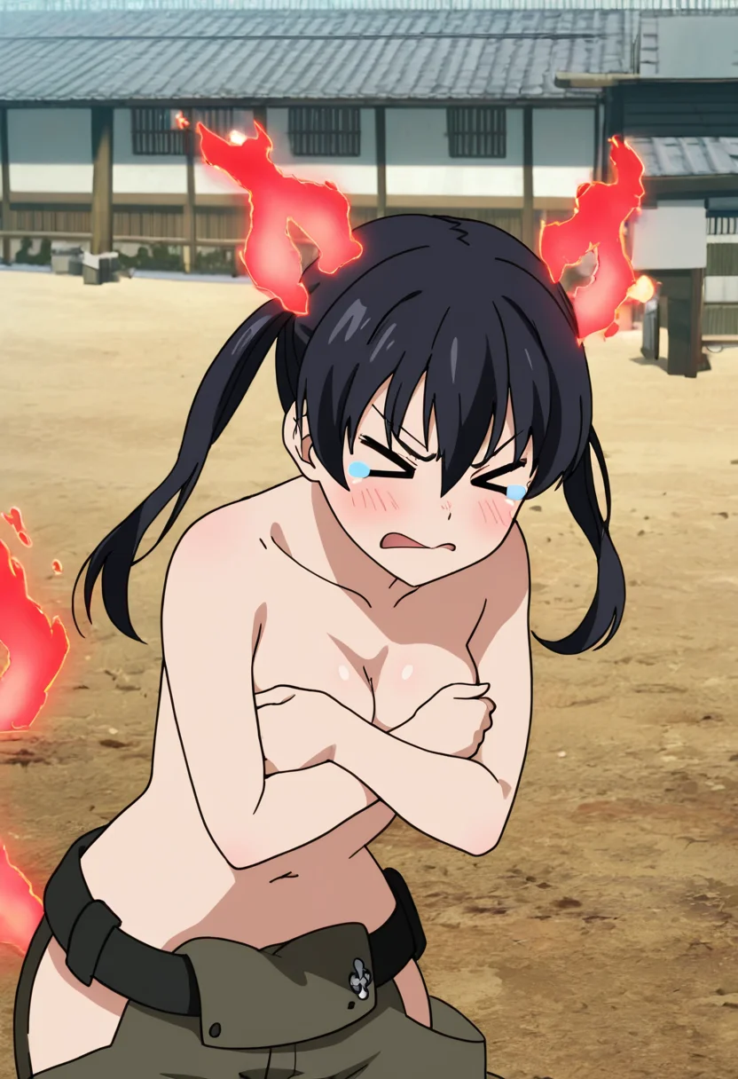 masterpiece, best quality, good quality, very awa, newest, highres, absurdres,outdoors,TamakiKotatsu-FireForce,
Tamaki Kotatsu \(Fire Force\), 1girl, solo, long hair, breasts, blush, open mouth, bangs, black hair, navel, cleavage, hair between eyes, twintails, medium breasts, closed mouth, collarbone, closed eyes, outdoors, solo focus, pants, tears, topless, fire, > <, covering, tearing up, covering breasts, hip vent, flaming tail, flaming ear
,<lora:Tamaki Kotatsu (Fire Force) Illustrious v3:0.8>