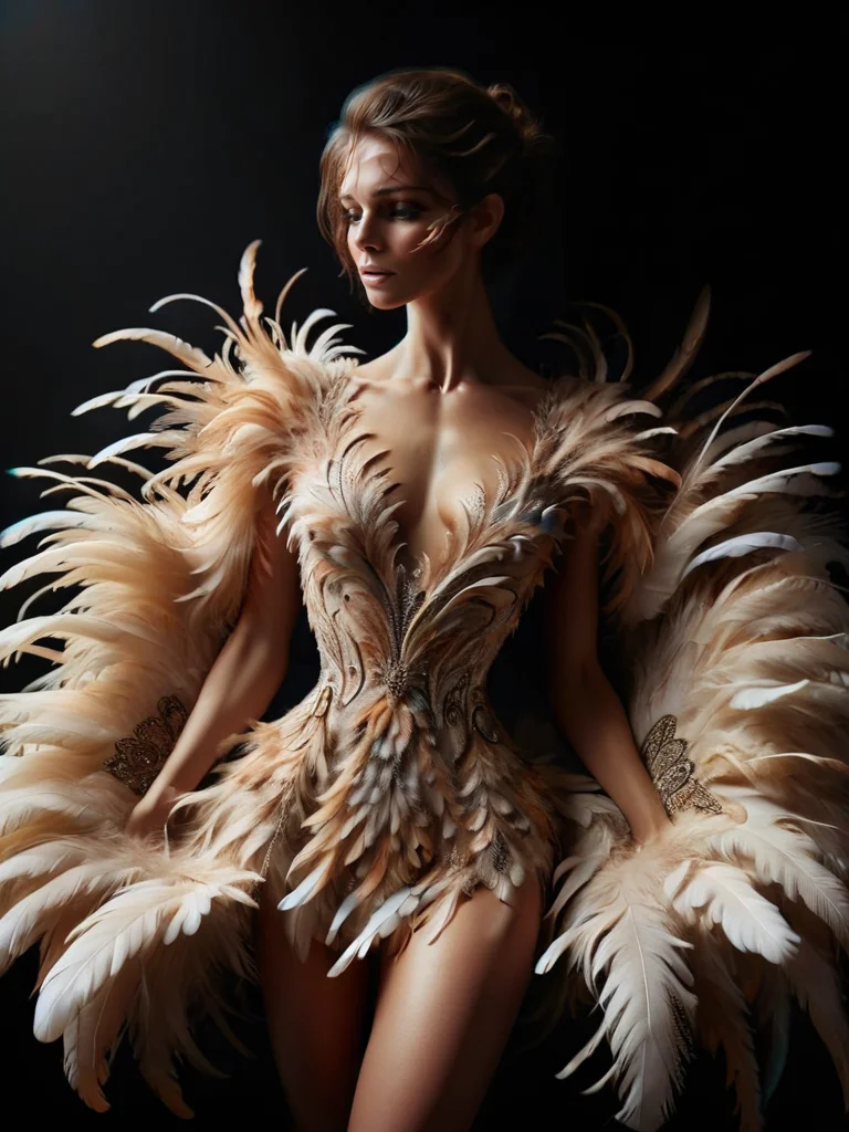 ral-feathercoat, a woman in a white dress with feathers on it <lora:ral-feathercoat-sdxl:1> black background, dim warm backlight, ring light