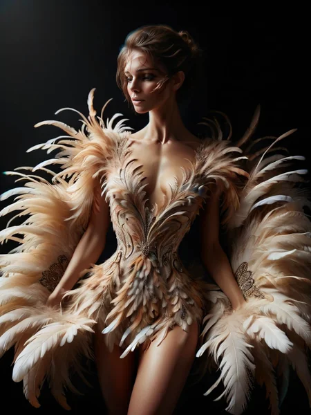 ral-feathercoat, a woman in a white dress with feathers on it <lora:ral-feathercoat-sdxl:1> black background, dim warm backlight, ring light