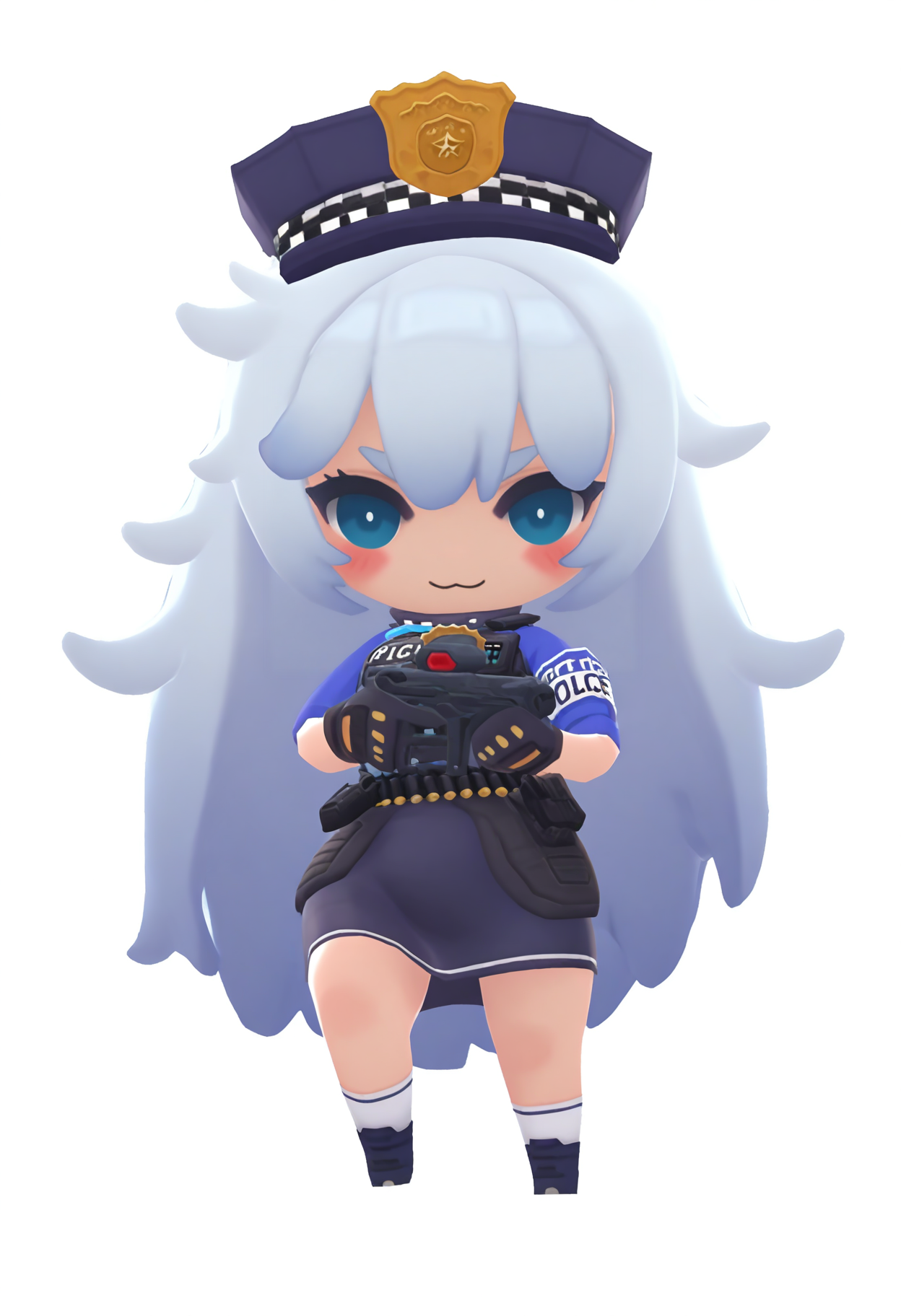 best hands, <lora:mn_poli_IL1.4:0.9> 
mn_poli, official art, 1girl, chibi, white very long Messy Hair, aqua eyes, :3, standing, uniform, blush, smile, blue eyes, blue shirt, holding assault rifle, armband, police uniform, policewoman, bulletproof vest, walkie-talkie, pencil skirt, black gloves, white socks, Footwear, Bullet Belt, Policeman's hat, walking
BREAK Virtual Space