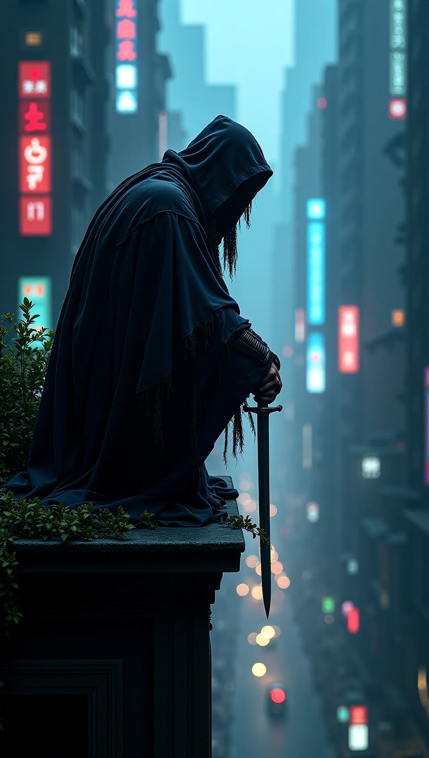 photorealistic image of a shadowy figure crouched on the edge of a building in a digital cityscape, cloaked in dark tattered robes, gripping a sword, scanning the virtual environment below, dusk setting with neon lights illuminating the scene, ultra-high-definition textures, cinematic composition, stealthy atmosphere, deep shadows, high contrast lighting, highly detailed and accurate portrayal, photorealistic rendering, cyberpunk theme, tense mood
cinematic scene, cinematic lighting, intricate detail skin and facial texture, lifelike expression, accurate character design, extremely complex dynamic pose, interesting and complex background details, intricate vegetation details, perfect hands and fingers, correct body anatomy, complex realism,
