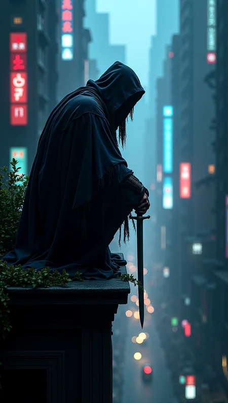 photorealistic image of a shadowy figure crouched on the edge of a building in a digital cityscape, cloaked in dark tattered robes, gripping a sword, scanning the virtual environment below, dusk setting with neon lights illuminating the scene, ultra-high-definition textures, cinematic composition, stealthy atmosphere, deep shadows, high contrast lighting, highly detailed and accurate portrayal, photorealistic rendering, cyberpunk theme, tense mood
cinematic scene, cinematic lighting, intricate detail skin and facial texture, lifelike expression, accurate character design, extremely complex dynamic pose, interesting and complex background details, intricate vegetation details, perfect hands and fingers, correct body anatomy, complex realism,