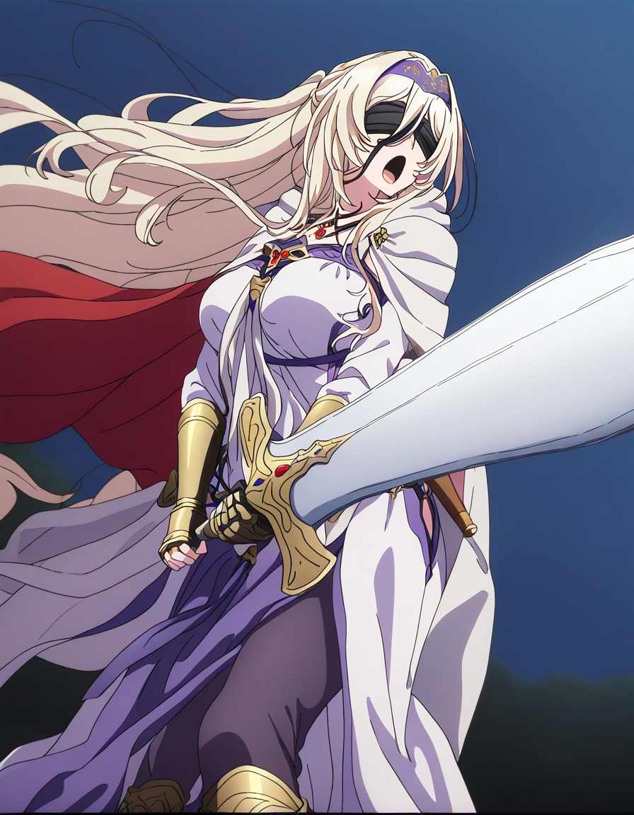 masterpiece, best quality, newest, absurdres, highres, safe,, <lora:sword-maiden-s2-ponyxl-lora-nochekaiser:1>, sword maiden, long hair, bangs, blonde hair, blindfold, covered eyes, black blindfold, large breasts, anime screencap, <lora:sunrise-stance-illustriousxl-lora-nochekaiser:1>, sunrise stance, weapon, sword, solo, open mouth, holding weapon, holding, holding sword, <lora:knight-ponyxl-lora-nochekaiser:1>, knight, armor, cape, shoulder armor, gauntlets, helmet, pauldrons, red cape,, ,