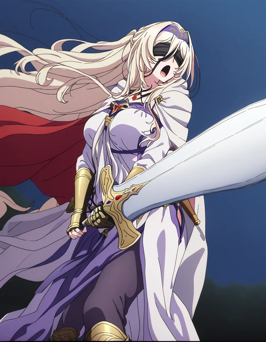 masterpiece, best quality, newest, absurdres, highres, safe,, <lora:sword-maiden-s2-ponyxl-lora-nochekaiser:1>, sword maiden, long hair, bangs, blonde hair, blindfold, covered eyes, black blindfold, large breasts, anime screencap, <lora:sunrise-stance-illustriousxl-lora-nochekaiser:1>, sunrise stance, weapon, sword, solo, open mouth, holding weapon, holding, holding sword, <lora:knight-ponyxl-lora-nochekaiser:1>, knight, armor, cape, shoulder armor, gauntlets, helmet, pauldrons, red cape,, ,