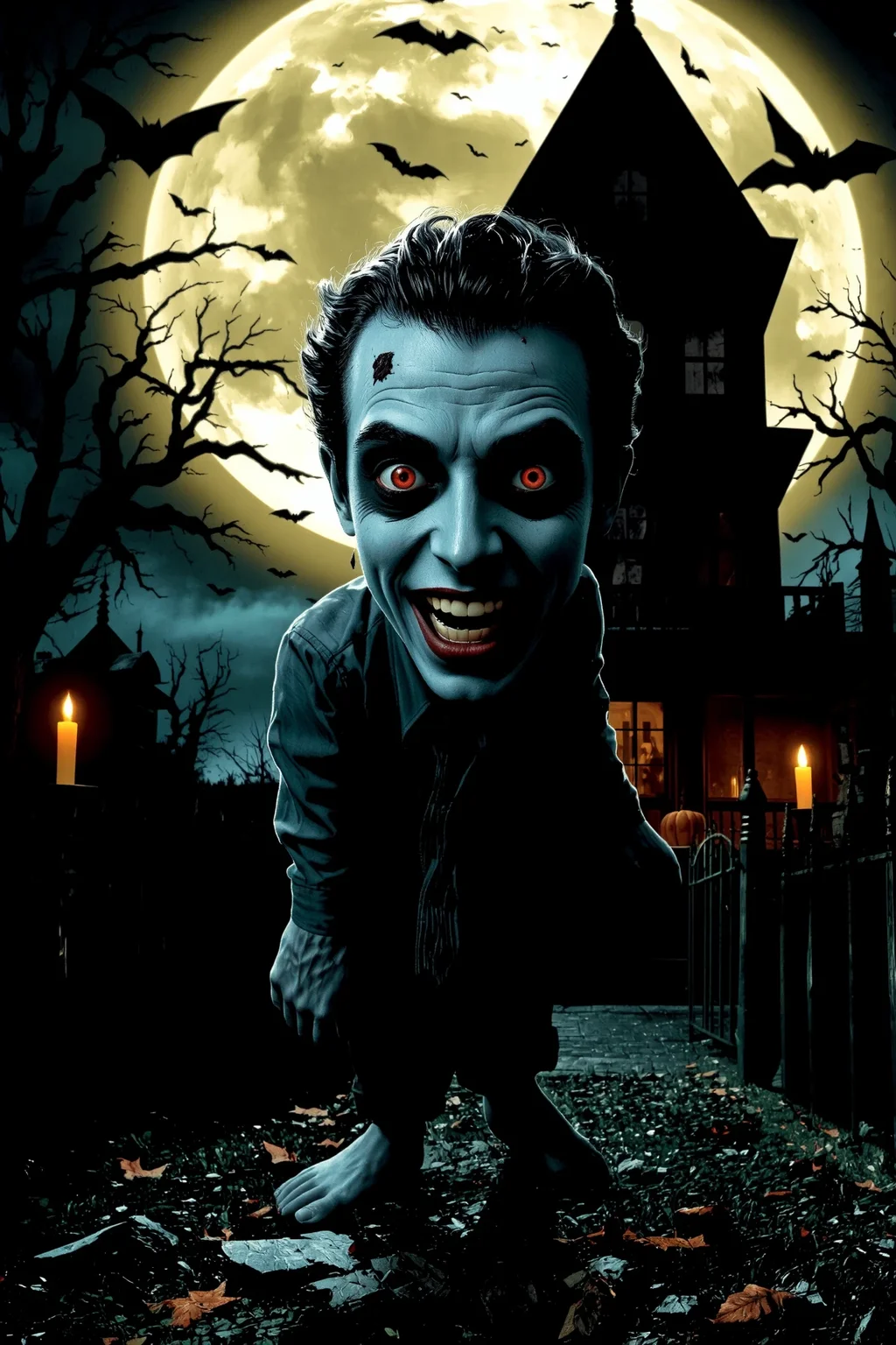 (zombi), halloween night, horror, (bats), moon in the sky, portrait, (standing:1.2), happy smiling, red eyes,(very detailed), best quality, sharp focus, , spooky Victorian house, medieval horror, ancient spellbook, candle-lit path, halloween_weather, spectral blue light, ethereal lights, backlight, shadows, high contrast, hdr, <lora:Anti-Blur:0.8> <lora:Hand v2:0.8> Detailed hand, Hand, Perfect hand, <lora:aidmaImageUpgrader:0.8> aidmaimageupgrader, <lora:Vintage comic book:0.8>