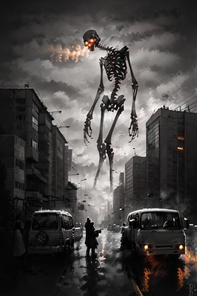 score_9, score_8_up, score_8,  ,,,  zzGiantSkeleton, monochrome, outdoors, sky, cloud, glowing, cloudy sky, ground vehicle, building, glowing eyes, motor vehicle, smoke, spot color, city, car, power lines  ,,, <lora:Giant_Skeleton_PDXL_v1:0.8>,  ,,, embedding:zPDXL,  <lora:CatalystStylePDXL:0.6>,  <lora:SDXLFaeTastic2400:0.5>,