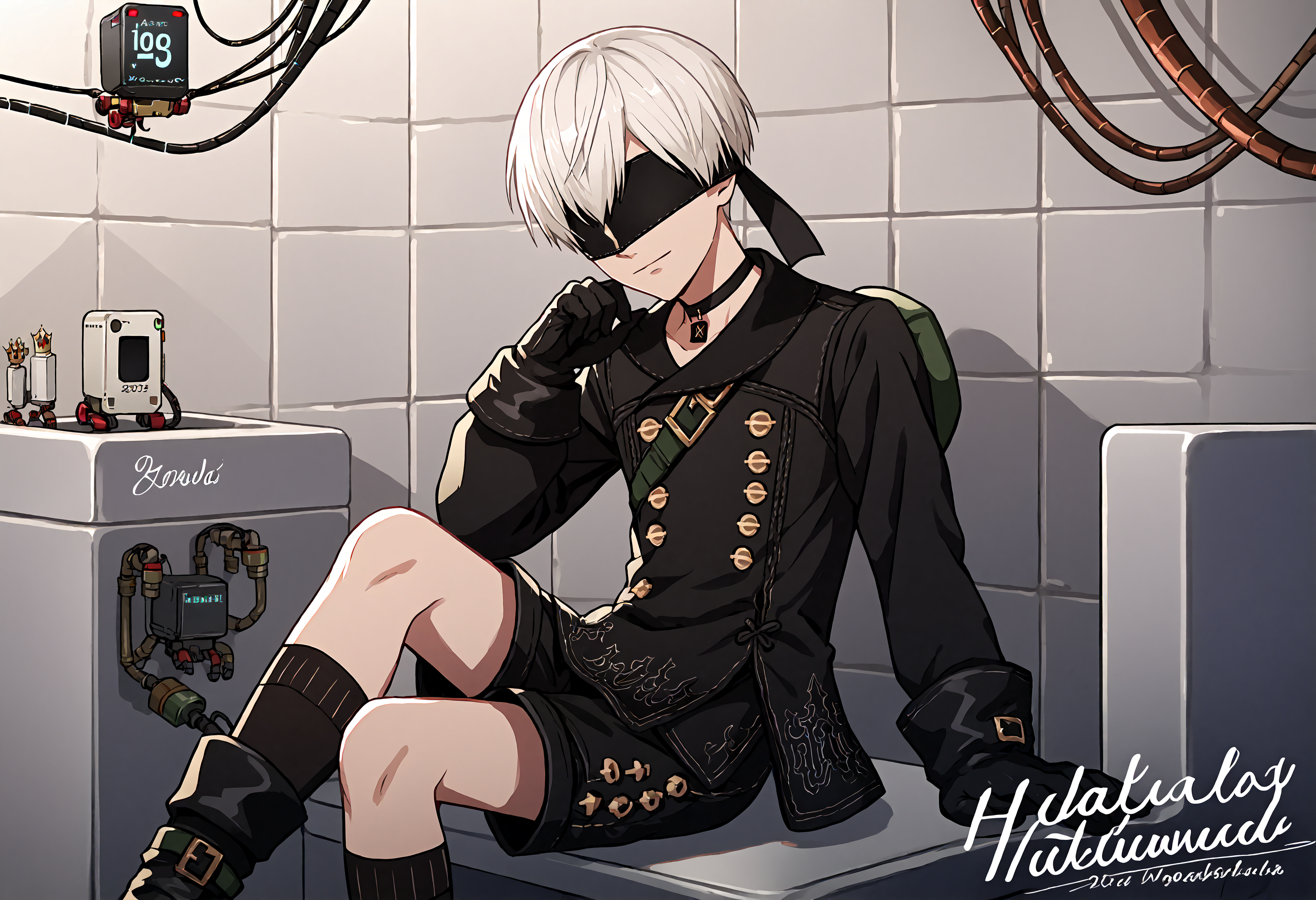 cybernetic robot score_9, score_7_up, source_anime, uncensored, cowboy shot, head tilt, downpants, projected inset, (crown:1.25), sitting, happy, anime screencap, Anniversary, bathroom
<lora:NierAutomata_9S_v1.0:1> 9S, 9s (nier:automata), 1boy, solo, gloves, shorts, black gloves, white hair, black blindfold, black choker, short hair, kneehighs, long sleeves, black jacket, double-breasted, jacket, buttons
. android, AI, machine, metal, wires, tech, futuristic, highly detailed