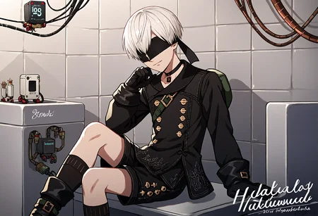cybernetic robot score_9, score_7_up, source_anime, uncensored, cowboy shot, head tilt, downpants, projected inset, (crown:1.25), sitting, happy, anime screencap, Anniversary, bathroom
<lora:NierAutomata_9S_v1.0:1> 9S, 9s (nier:automata), 1boy, solo, gloves, shorts, black gloves, white hair, black blindfold, black choker, short hair, kneehighs, long sleeves, black jacket, double-breasted, jacket, buttons
. android, AI, machine, metal, wires, tech, futuristic, highly detailed