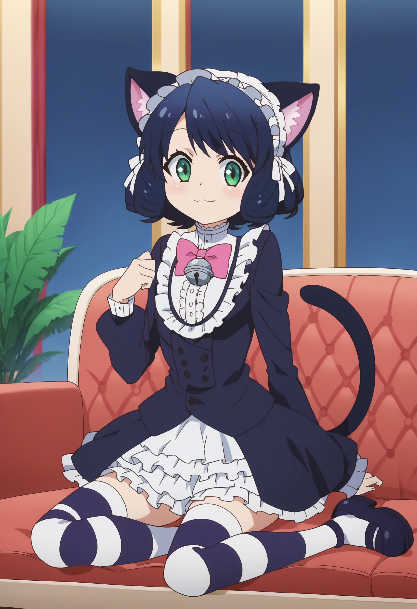 score_9, score_8_up, score_7_up, score_6_up, score_5_up, score_4_up , anime coloring ,BREAK source_anime, anime,screencap,
 1girl, solo,cyanh, base_outfit, pink bowtie, dress, white trim skirt, headdress, cat ears, cat tail, chest bell, striped thighhighs,  mary janes, <lora:PonyXL Cyan Hijirikawa V5:1>
indoors,full body, sitting on couch,
smile, looking at viewer,