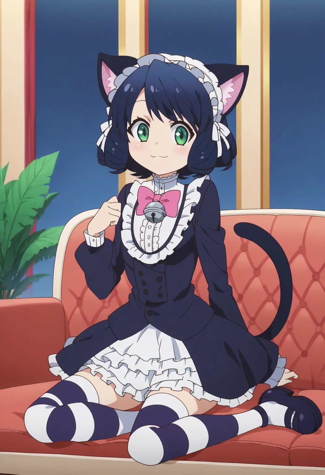 score_9, score_8_up, score_7_up, score_6_up, score_5_up, score_4_up , anime coloring ,BREAK source_anime, anime,screencap,
1girl, solo,cyanh, base_outfit, pink bowtie, dress, white trim skirt, headdress, cat ears, cat tail, chest bell, striped thighhighs, mary janes, <lora:PonyXL Cyan Hijirikawa V5:1>
indoors,full body, sitting on couch,
smile, looking at viewer,