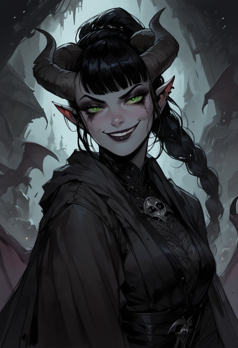 score_9, score_8_up, score_7_up, BREAK, 1woman portrait, beautiful, dramatic lights ((Succubus, Demon Girl, Succub, horns, seductive, seductive look, goth, goth girl, goth makeup, green eyes, wings, bat wings grey skin, grey colored skin, black hair, long braided ponytail, bangs, side bangs, happy, smug))
<lora:Fant5yP0ny:0.6> <lora:fantasy_world_pony:0.9>
<lora:Cherry-Gig:0.55>