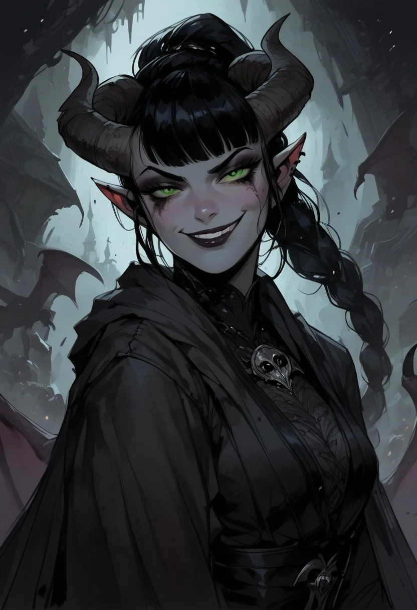 score_9, score_8_up, score_7_up, BREAK, 1woman portrait, beautiful, dramatic lights ((Succubus, Demon Girl, Succub, horns, seductive, seductive look, goth, goth girl, goth makeup, green eyes, wings, bat wings grey skin, grey colored skin, black hair, long braided ponytail, bangs, side bangs, happy, smug))
<lora:Fant5yP0ny:0.6> <lora:fantasy_world_pony:0.9>
<lora:Cherry-Gig:0.55>