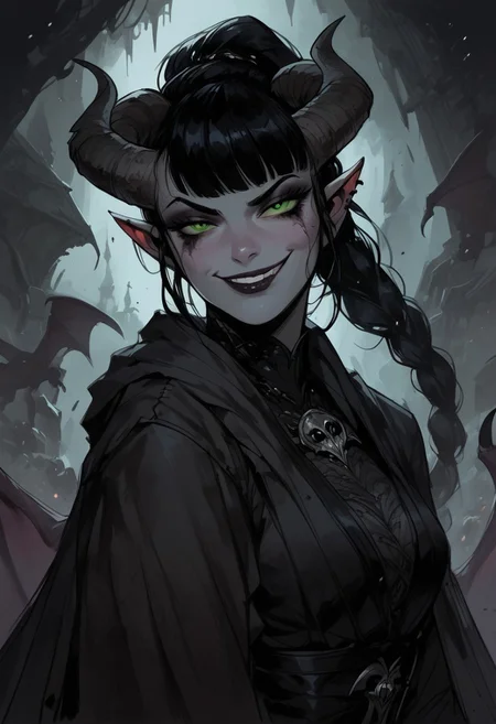 score_9, score_8_up, score_7_up, BREAK, 1woman portrait, beautiful, dramatic lights ((Succubus, Demon Girl, Succub, horns, seductive, seductive look, goth, goth girl, goth makeup, green eyes, wings, bat wings grey skin, grey colored skin, black hair, long braided ponytail, bangs, side bangs, happy, smug))
<lora:Fant5yP0ny:0.6> <lora:fantasy_world_pony:0.9>
<lora:Cherry-Gig:0.55>