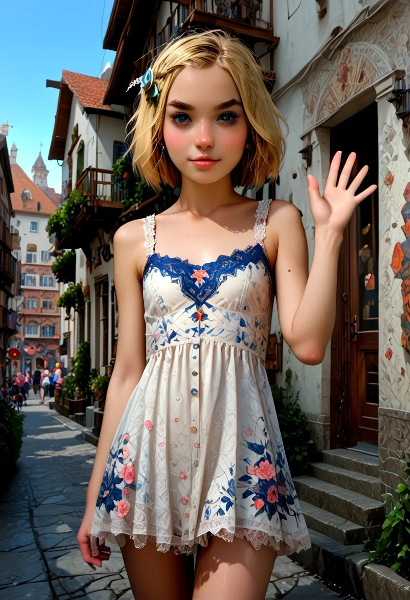 score_9_up, score_8_up, score_7_up, 1girl, solo, Maja Grunzeug, blonde hair, hair ornament, short hair, standing still, town, cute, waving at viewer, front facing, detailed background, girl focus, realistic , ExpresHGothicNeonIncase