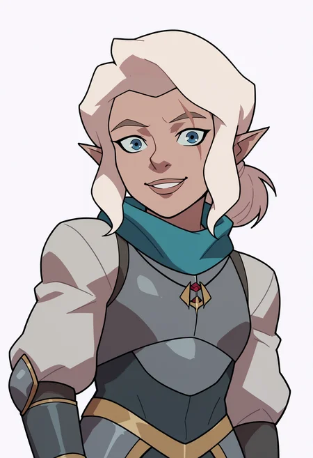 score_9, score_8_up, score_7_up, BREAK,
1girl, pike, white hair, ponytail, blue eyes, scar across eye,
pointy ears, gnome,
blue scarf, necklace,
armor, breastplate,
upper body, smile, solo, looking at viewer, simple background, white background <lora:PikeTrickfootPDXL_byKonan:1>