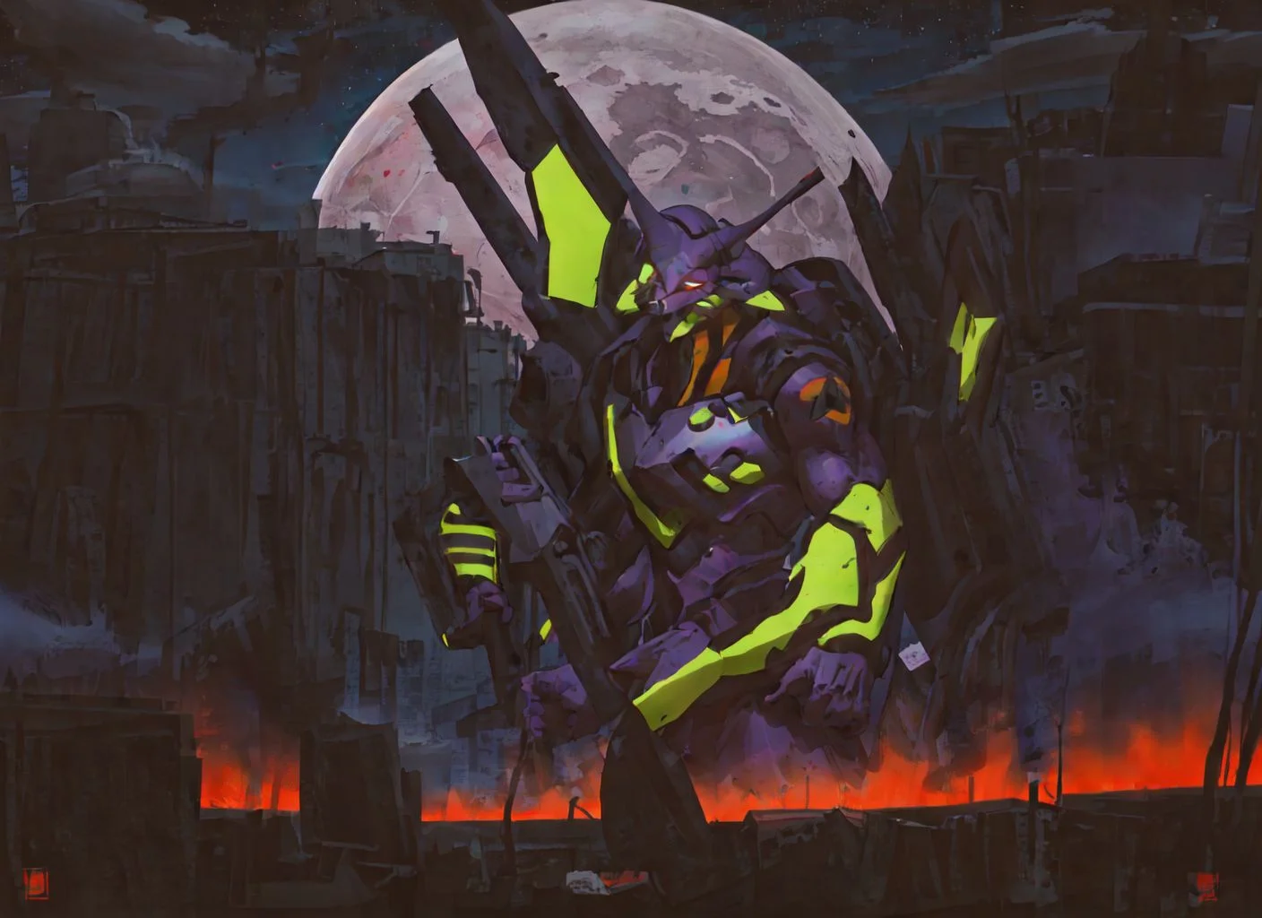 evaunitone, cannon, city, evangelion (mecha), glowing, glowing eyes, holding cannon, horns, mecha, moon, night, night sky, red eyes, robot, science fiction, single horn, sky, starry sky, weapon, eva 01, neon genesis evangelion, highres <lora:SD15_noise_offset:1> <lora:eva01_v2:0.7>