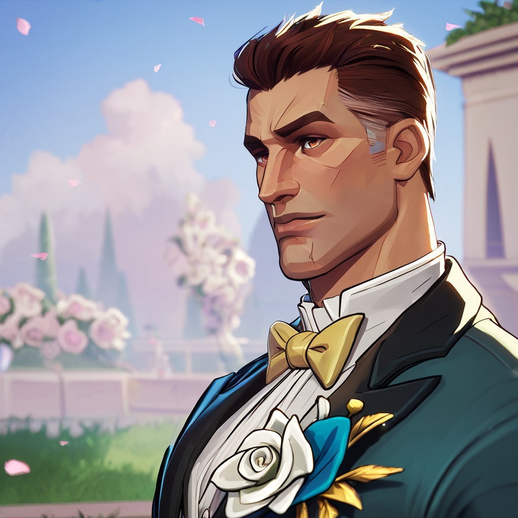score_9, score_8_up, score_7_up, masterpiece, best quality, newest, absurdres, highres, solo, solo focus, male focus, 1boy, ReedRichards-Lifefantasticskin-V1.0,   suit, formal clothes, bowtie, brown hair, brown eyes, flower, shrt hair, pants, yellow bowtie,