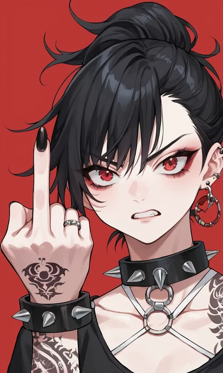 score_9, score_8_up, score_7_up, score_6_up, source_anime, BREAK 1girl, solo, simple background, black hair, jewelry, earrings, hair bun, collar, bracelet, tattoo, piercing, ring, ear piercing, black nails, red background, spikes, spiked bracelet, close-up, fckYou, middle finger