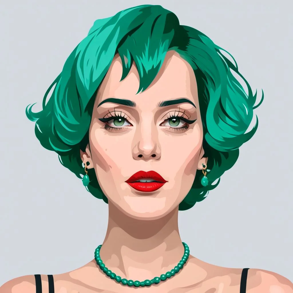 psztzz, 1girl, solo, necklace, jewelry, short hair, grey background, parted lips, simple background, portrait, red lips, looking at viewer, makeup, aqua hair, lipstick, green hair, lips, portrait, vector art, flat coloring, cel shaded, cel shading, illustration, vector illustration, vector coloring, masterpiece, best quality,
