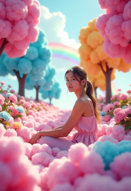 Woman with hands resting on her knees sitting in cotton candy matress. In the background there is colorful cotton candy trees and flowers, through which we can see a rainbow. Great quality, 4k, detailed photorealism style, movie frame in colorful pallete