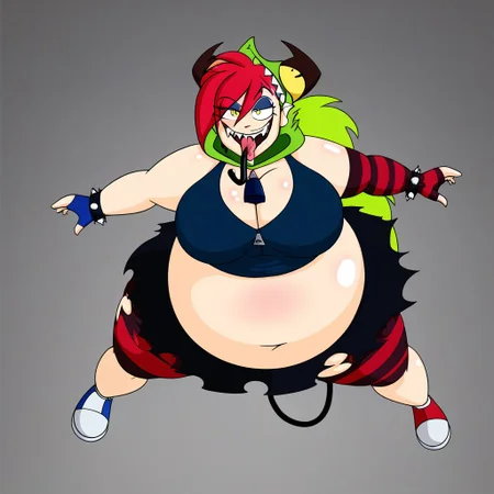 demencia, red hair, green ponytail, striped thighhighs, single striped sock, anklet, green monster hood, yellow eyes, sharp teeth, dark blue hoodie, single striped sleeve, red sneaker, blue sneaker, black skirt, smile, eyeshadow, spiked bracelet, zipper pull tab, torn pantyhose, glove, tongue out, clothed, inflating, floating, body inflation, breast expansion, inflated arms, inflated legs, leaning forward, helium tank, hose in mouth, by truegrave9 <lora:InflationXL-02-PonyXL-e050:1>