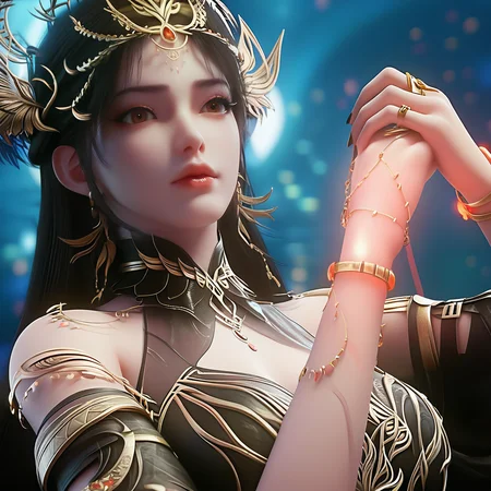 <lora:ponyhuolinger1v:1>,score_9,score_8_up,score_7_up, a highly detailed digital artwork depicting a young woman with a ethereal, otherworldly appearance, she has pale skin and long, straight black hair adorned with intricate gold jewelry, including a headpiece that resembles a crown, her eyes are large and expressive, with a hint of sadness or contemplation, her lips are full and slightly parted, adding to her enigmatic aura, she wears a form-fitting, black, high-collared garment with gold accents and intricate, ornate designs, the garment appears to be made of a shiny, metallic material that reflects light, giving it a luxurious and otherworldly quality, her left arm is adorned with a series of gold bracelets, one on each side, and a red, glowing bracelet that wraps around her right wrist, the background is a gradient of teal and green hues, creating a dreamy, ethereal atmosphere, the lighting is soft and diffused, enhancing the ethereal and mystical feel of the artwork, the overall composition is dynamic, with the woman's pose and the intricate details of her jewelry drawing the viewer's attention
