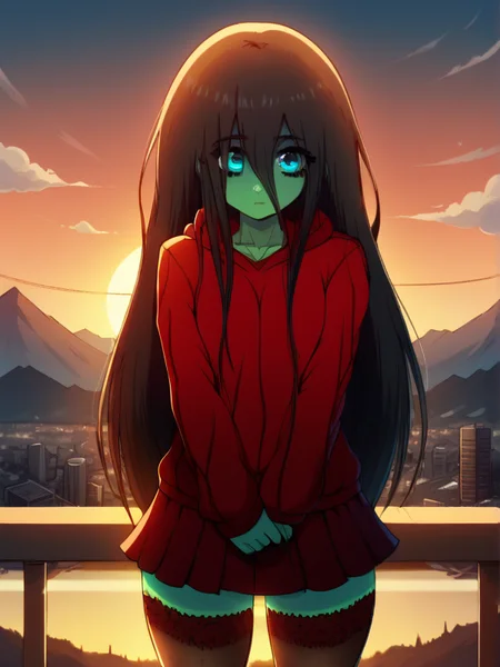 core_9, score_8, score_7,1girl,samarawaifu, skirt,skirt, stockings, green skin, red hoodies, blue eyes, look at viewer, bangs,black hair, building, cityscape, cloud, cloudy sky,dusk, evening, gradient sky, horizon, very long hair, moon, mountain, mountainous horizon, ocean, orange sky, outdoors, power lines, red sky, sky, solo, sun, sunset, twilight, wind, <lora:add-detail-xl:1>, <lora:HandFixer_pdxl_Incrs_v1:0.5>, <lora:Samara_character:1>