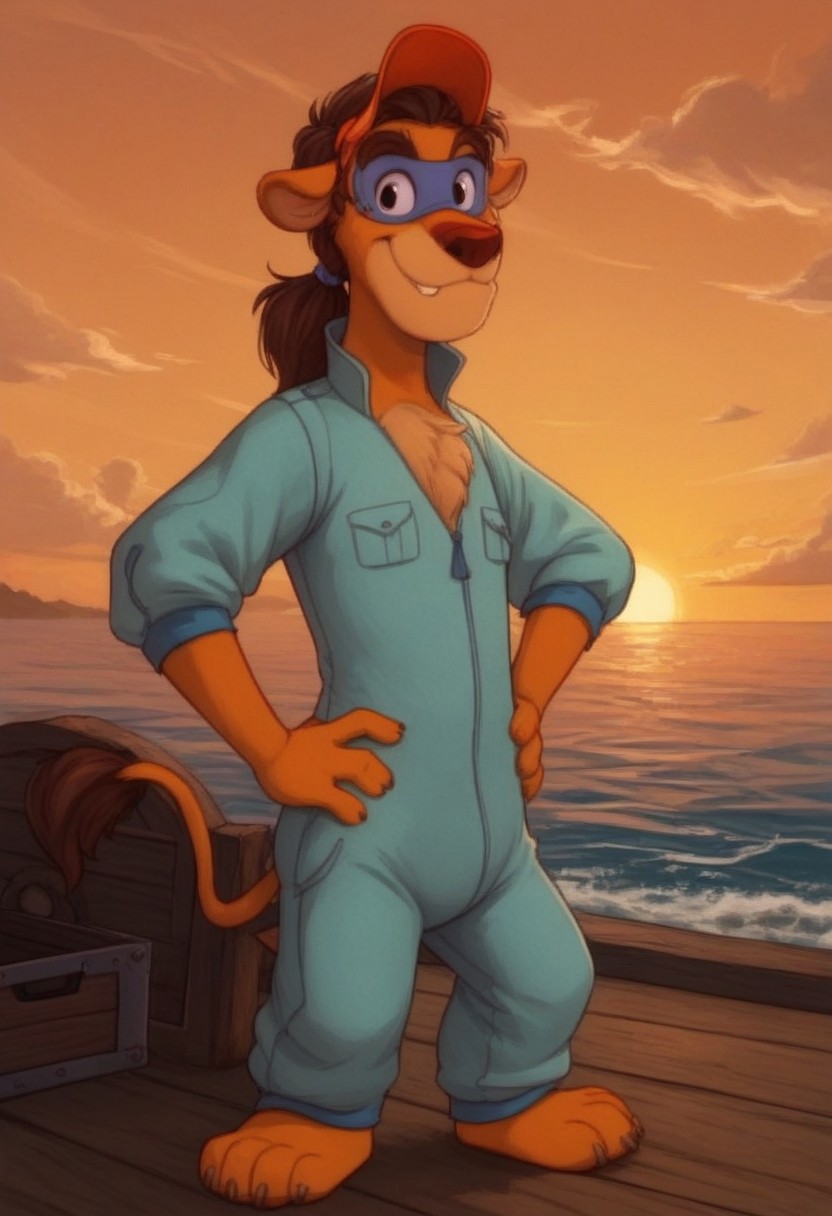 score_7, score_8, score_9, dynamic lighting, detailed background, background is ship dock, dock, (stacked crates), ((ocean)), boats, mountains in distance, ((outdoors)), clouds, sunny, (close up), cowboy shot,
BREAK 
Solo, 1boy, ((anthropomorphic)), furry male, Wildcat, yellow fur, brown hair, hair in ponytail animal nose, black eyes, slender, animal ears, (yellow tail), feet claws, snaggle tooth, eye mask, fluffy fur, fluffy eyebrows, (fang), chest fur tuft,
BREAK 
standing, looking at viewer, smiling, jumpsuit, hat, hands on hips,