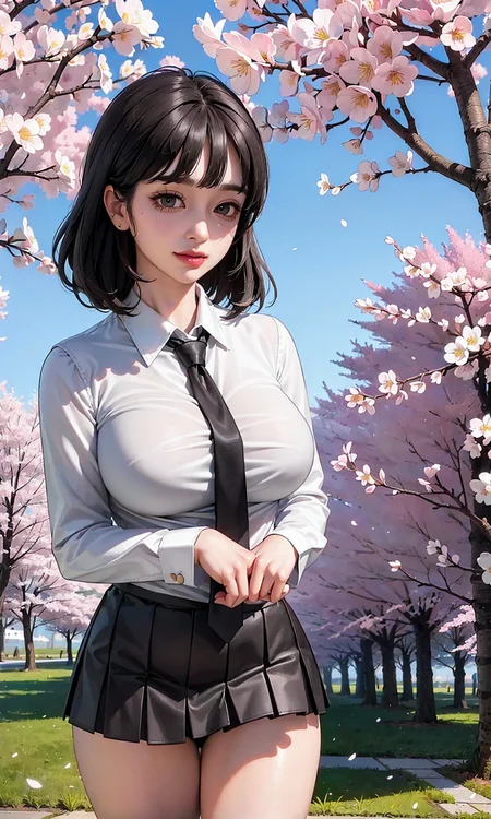 (realistic:1.5), photorealistic, octane render, (4k, 8k), (hyperrealistic:1.2), (photorealistic face:1.2), (Best Quality), extremely detailed, intricate, hyper detailed, (eyes detailed, finger detailed:1.2), looking at viewer, (short hair, curly hair, dense bangs, black hair), (outdoors, cherry blossom trees, korean school uniform:1.3), (1girl, solo, alone, large breasts, large thighs, 2legs, walking, tie up hair:1.4), (brown eyes:1.2), smile