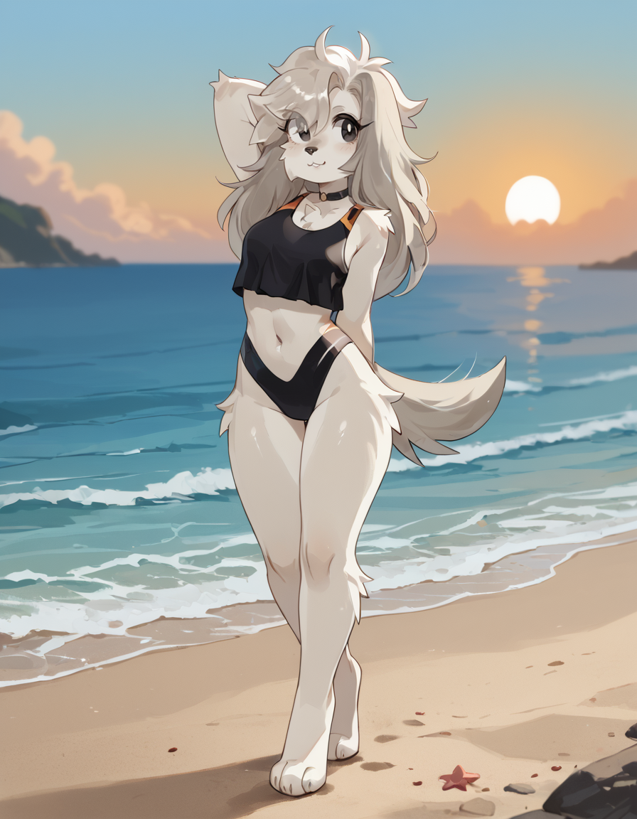 score_9,score_8_up,score_7_up,
outdoors,beach,sunrise,
full body,smile,parted lips,long eyelashes,
swimsuit,standing, pose
<lora:Allie_v01_PDXL:1>,A11ie,1girl,solo,furry female,dog girl,black eyes,dog ears,dog tail,long hair,grey hair,body fur,white fur,
<lora:add-detail-xl:1>,